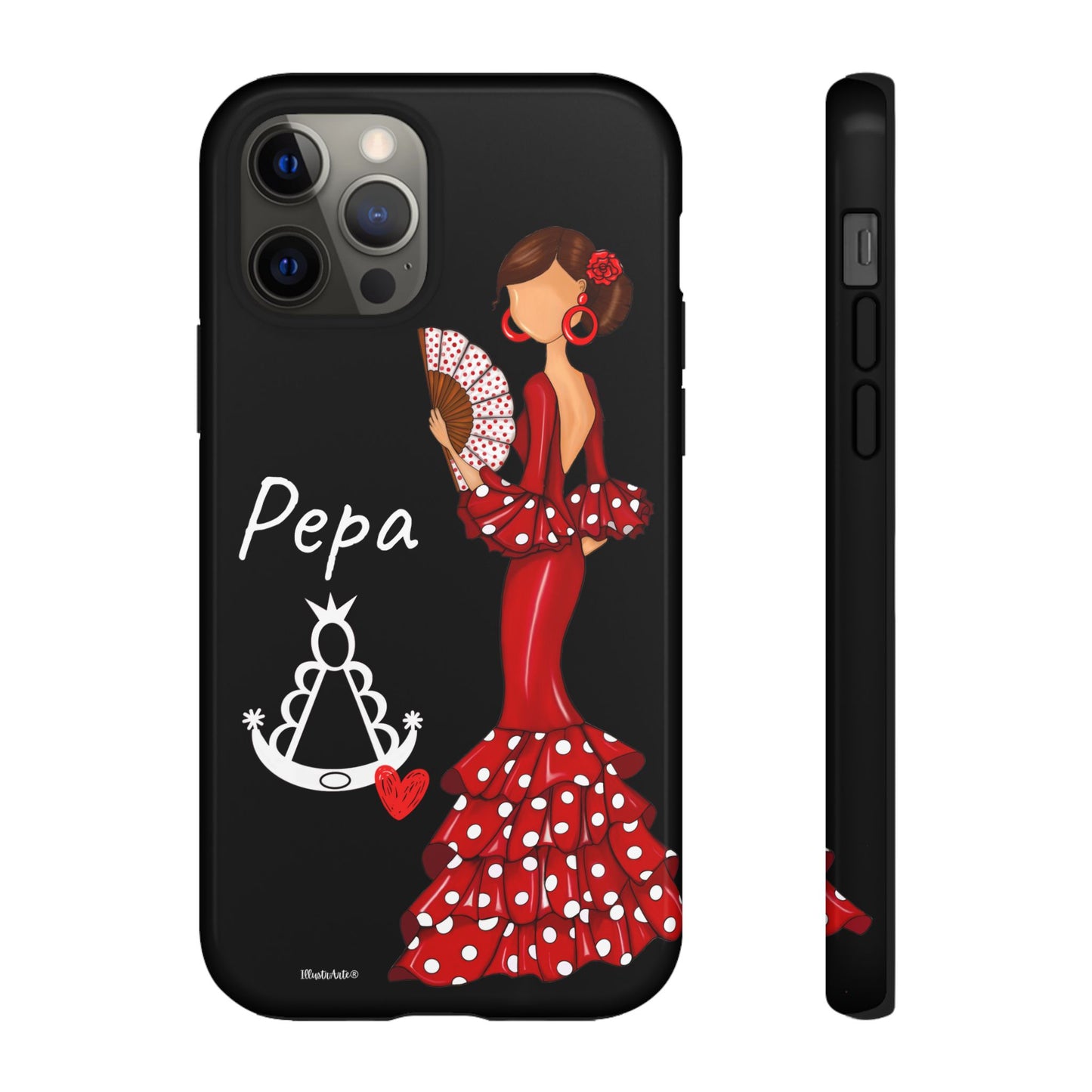 una funda de teléfono con una mujer en un vestido rojo