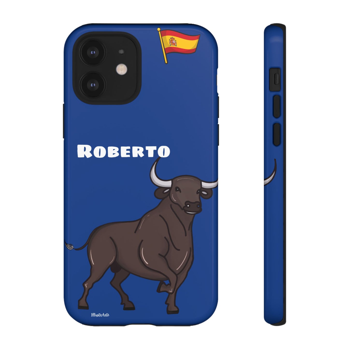 una funda de teléfono azul con un toro en ella