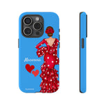 Personalised phone case flamenco dancer Macarena, blue background for iPhone 15 Pro, gloss finish – illustrArte