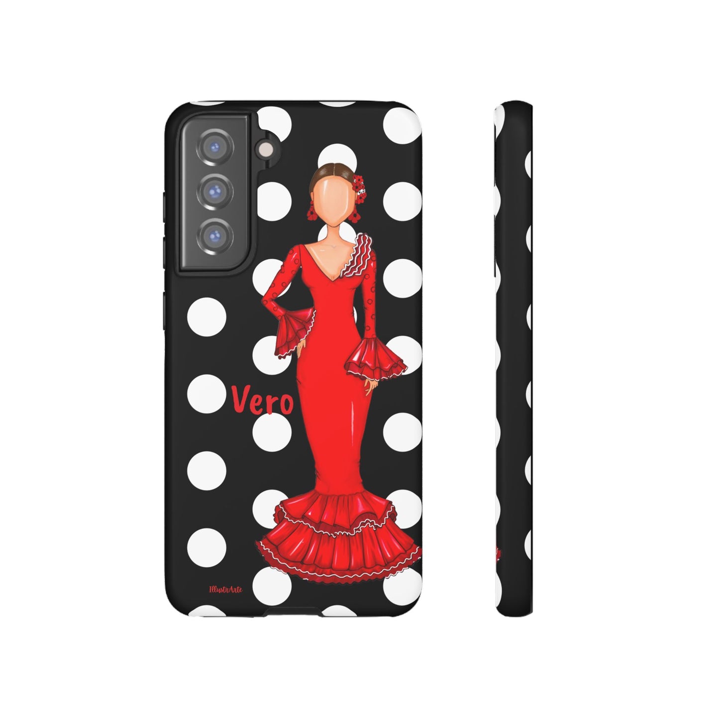 una funda para teléfono con una mujer en un vestido rojo