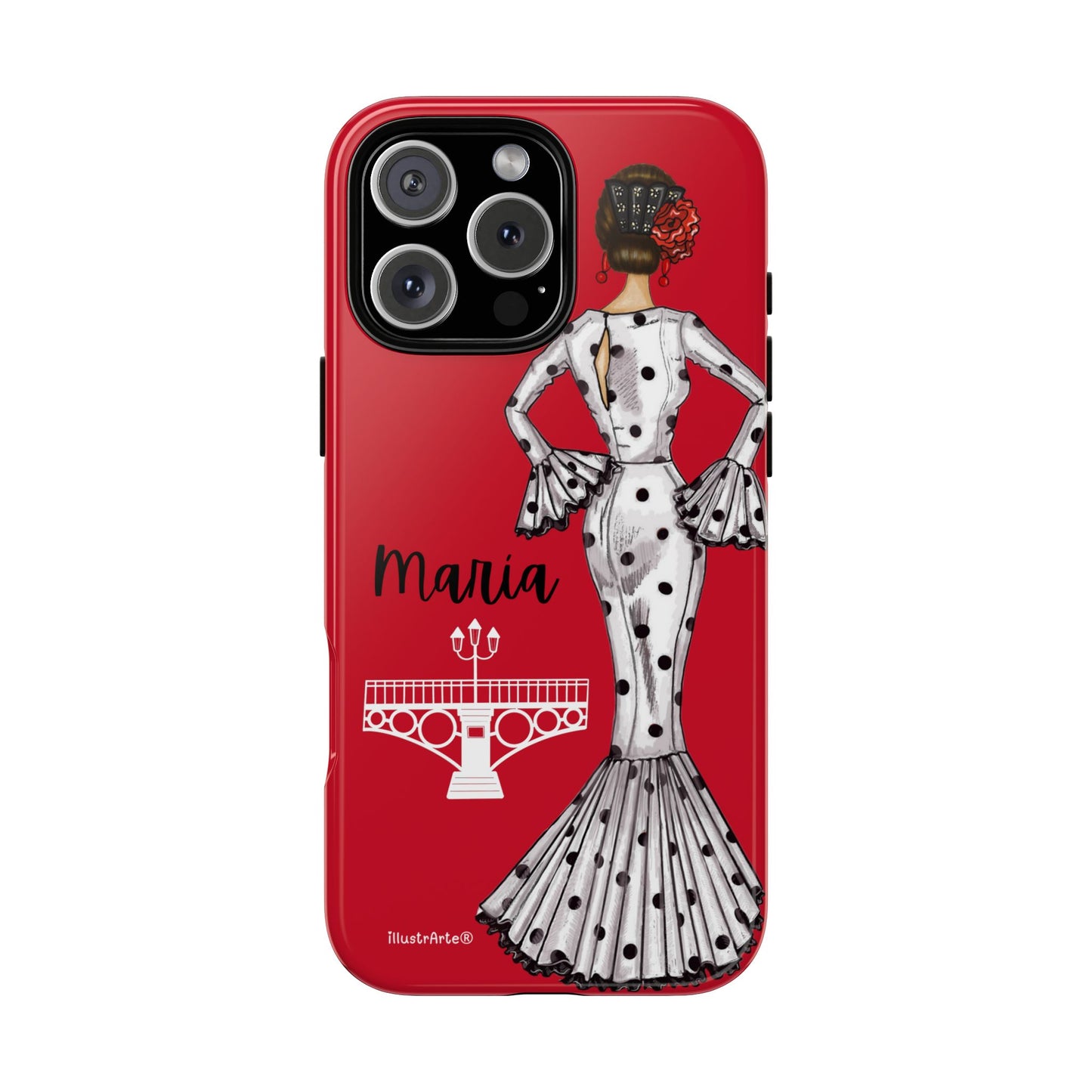 Funda de teléfono personalizable con ilustración de flamenca María, ideal para quienes buscan un estilo único.