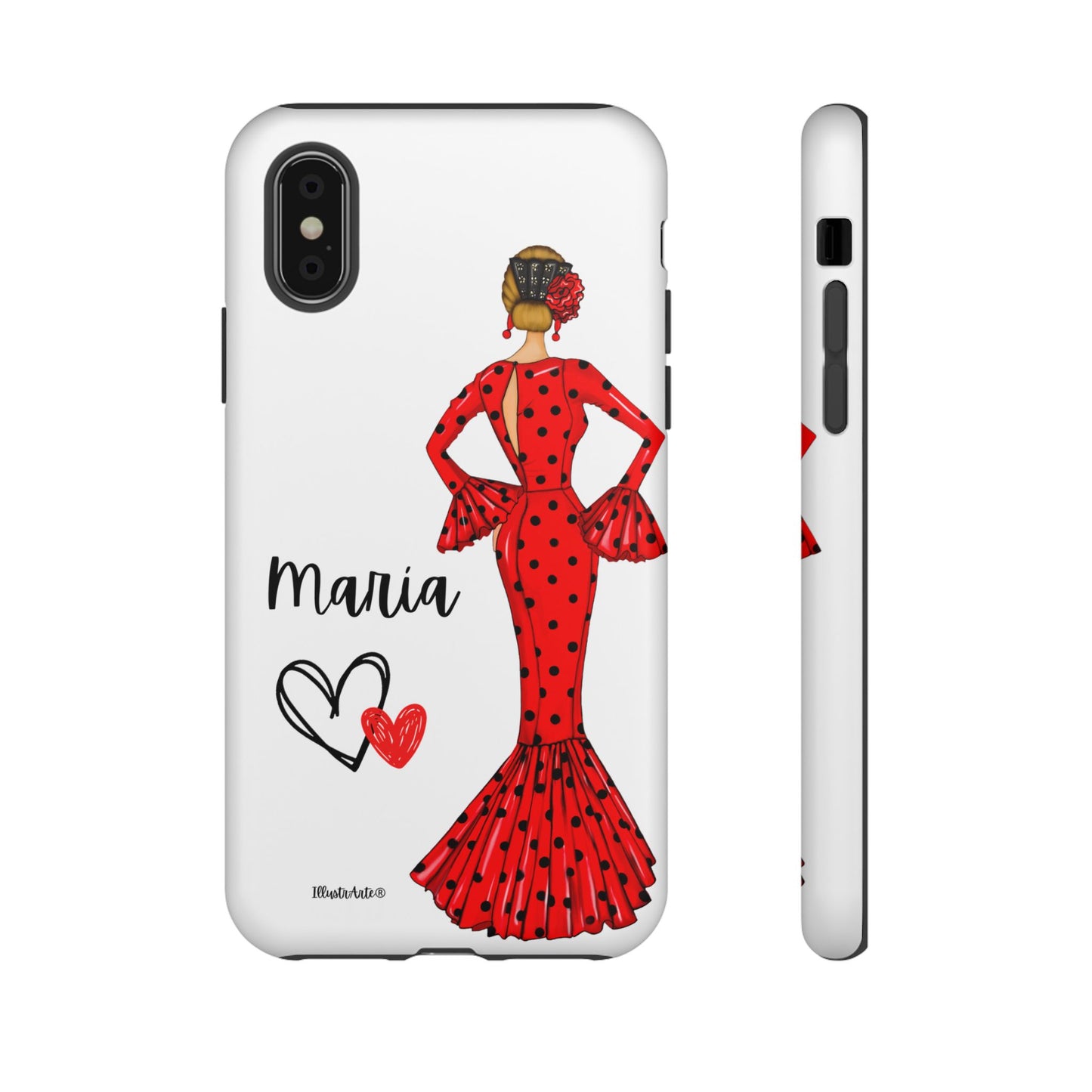 una funda de teléfono con una mujer en un vestido rojo