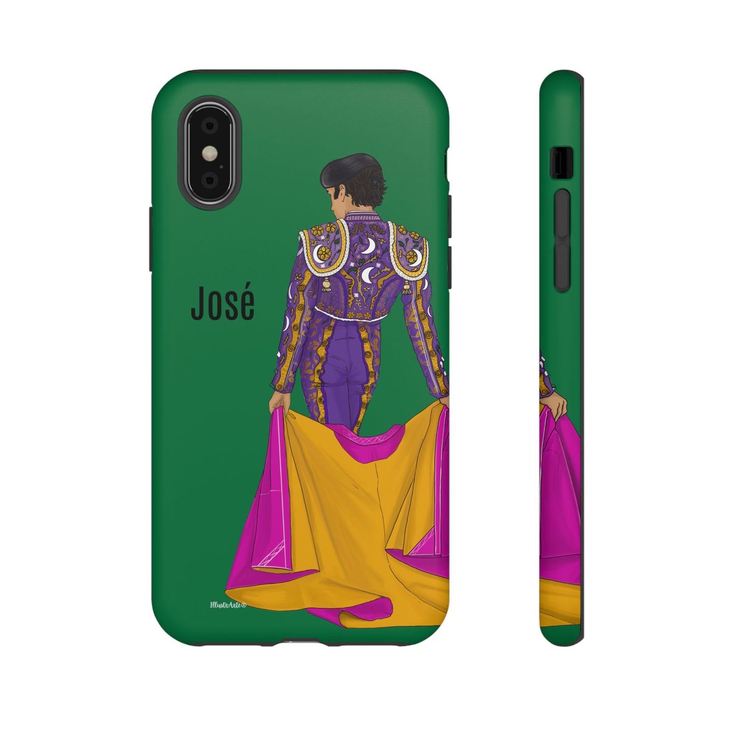 una funda de teléfono con una imagen de una mujer en un vestido púrpura y amarillo