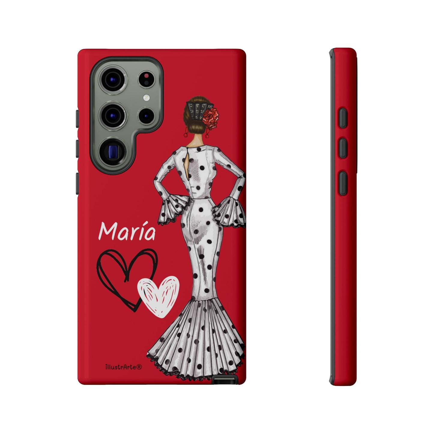 Personalized Maria phone case, white with red hearts background – for iPhone, Samsung, Pixel
