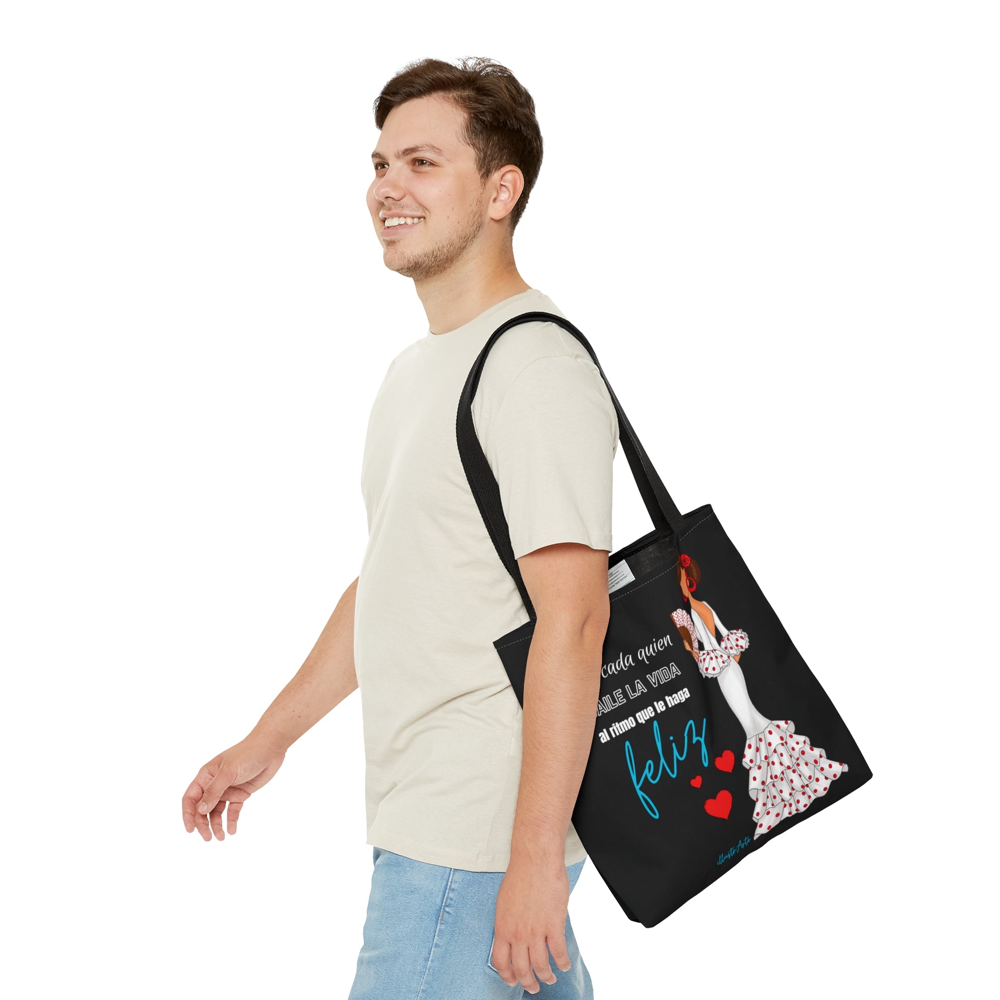 a man carrying a tote bag with a picture of a woman on it