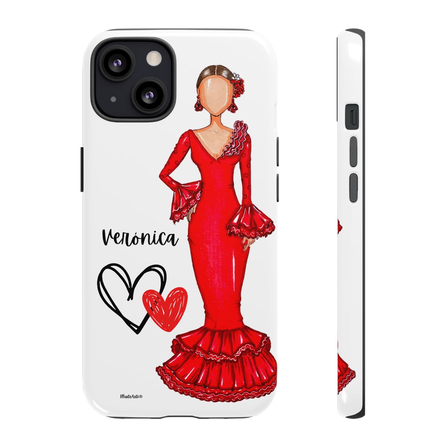 una funda de teléfono con un dibujo de una mujer en un vestido rojo