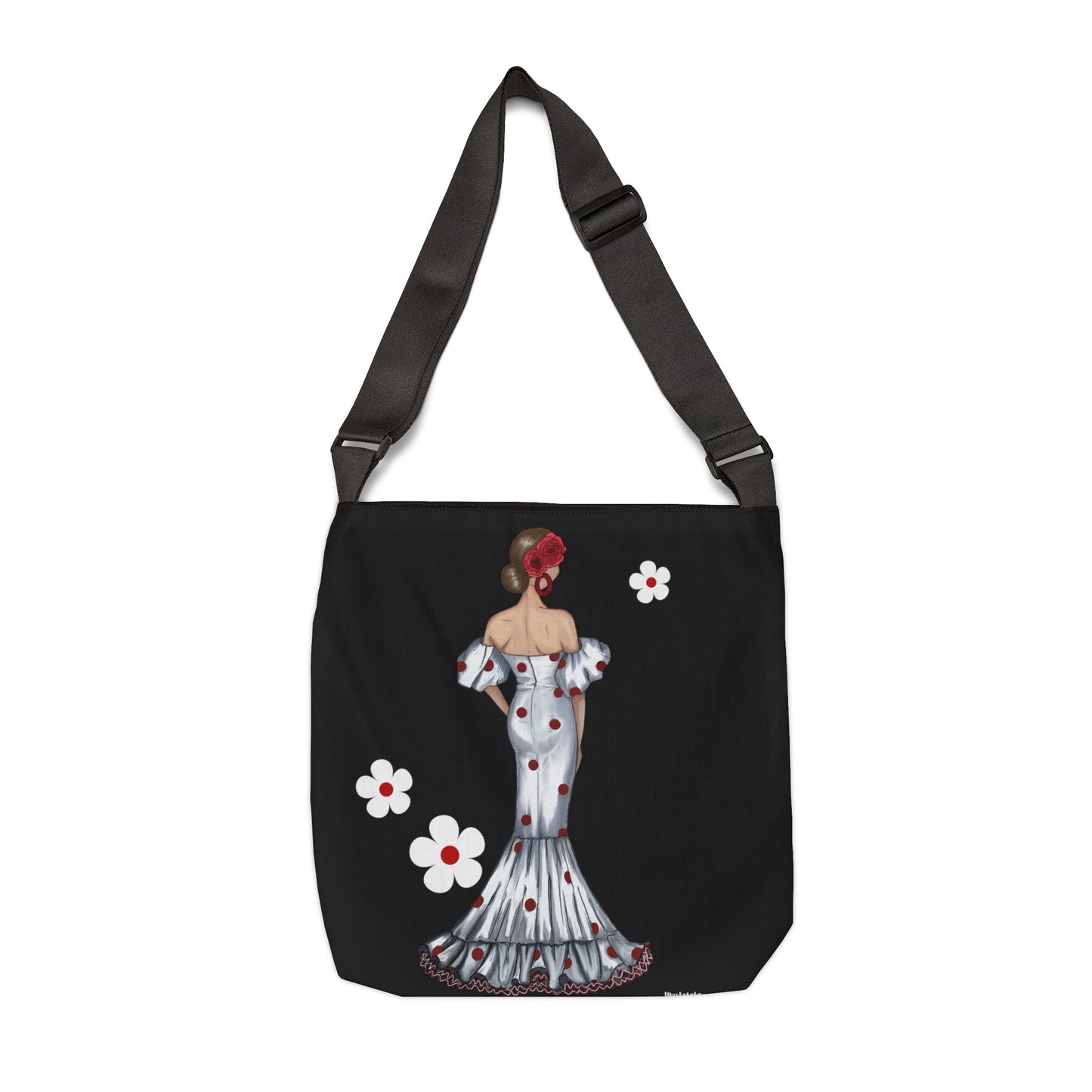 a handbag with a woman in a dress and flowers