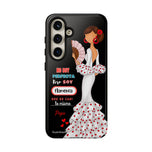 Personalised phone case flamenco dancer Pepa, white dress, with quote for Samsung Galaxy S24, gloss finish – illustrArte
