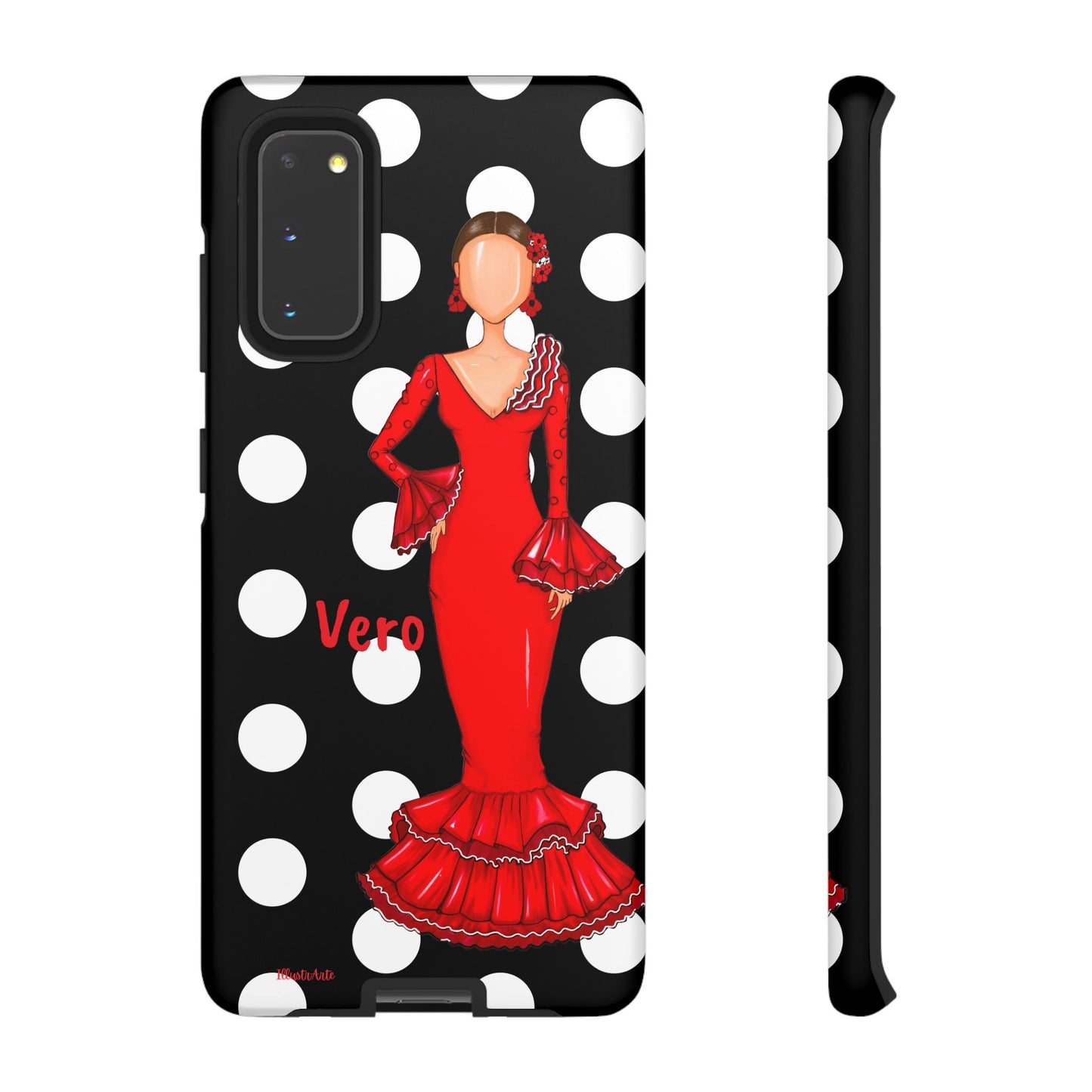 una funda para teléfono con una mujer en un vestido rojo