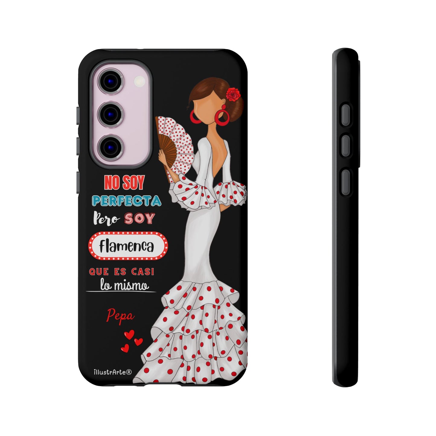 Funda de teléfono personalizable Pepa vestido blanco con frase – para iPhone, Samsung, Pixel