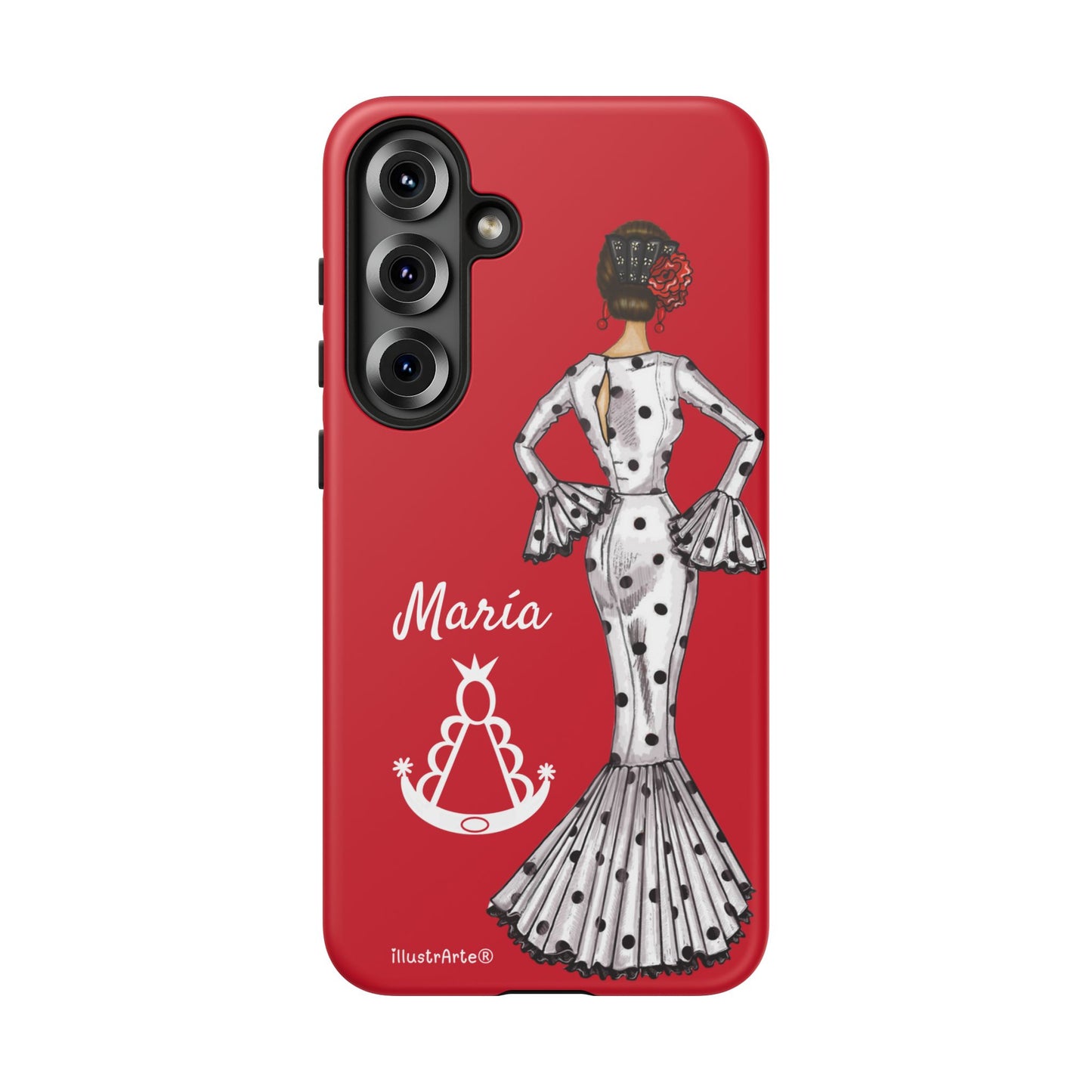 Capa de telefone personalizável com nome/bandeira/Virgem - modelo White Mary com Virgen del Rocío para iPhone, Samsung e Google Pixel