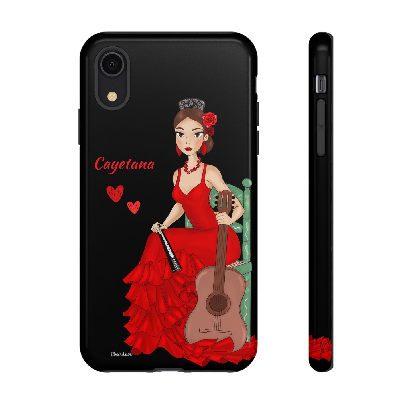 una funda de teléfono con una mujer en un vestido rojo sosteniendo una guitarra