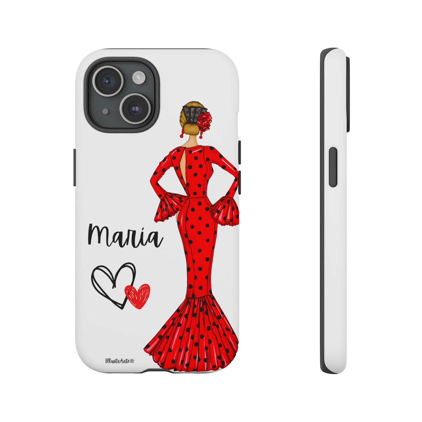 una funda de teléfono con una mujer en un vestido rojo