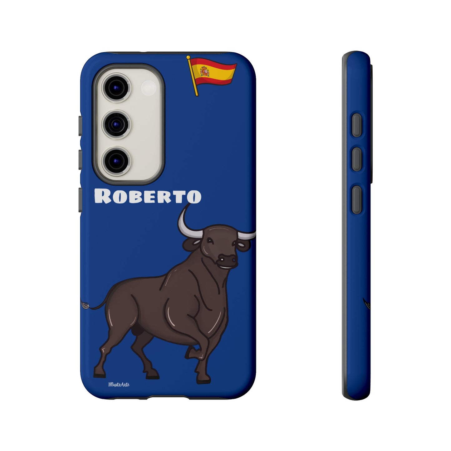 una funda de teléfono azul con un toro en ella