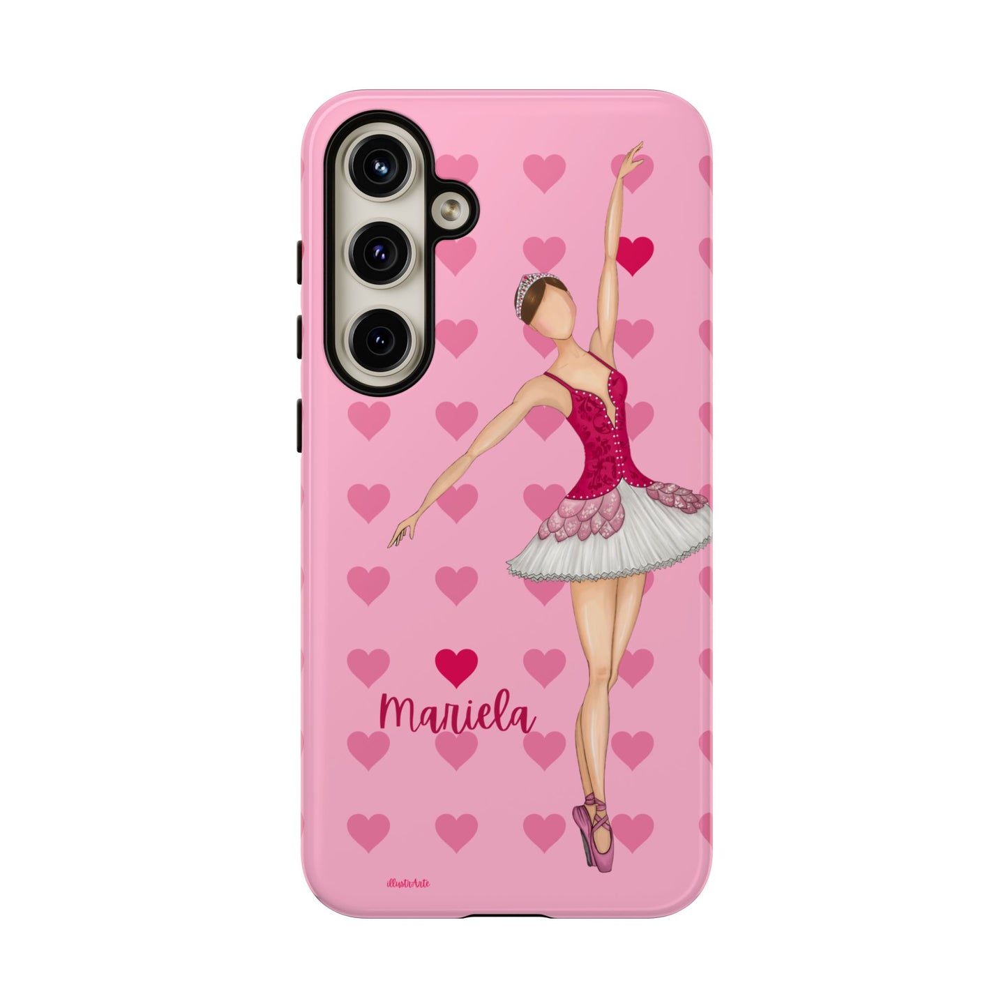 una funda de teléfono rosa con una bailarina en ella