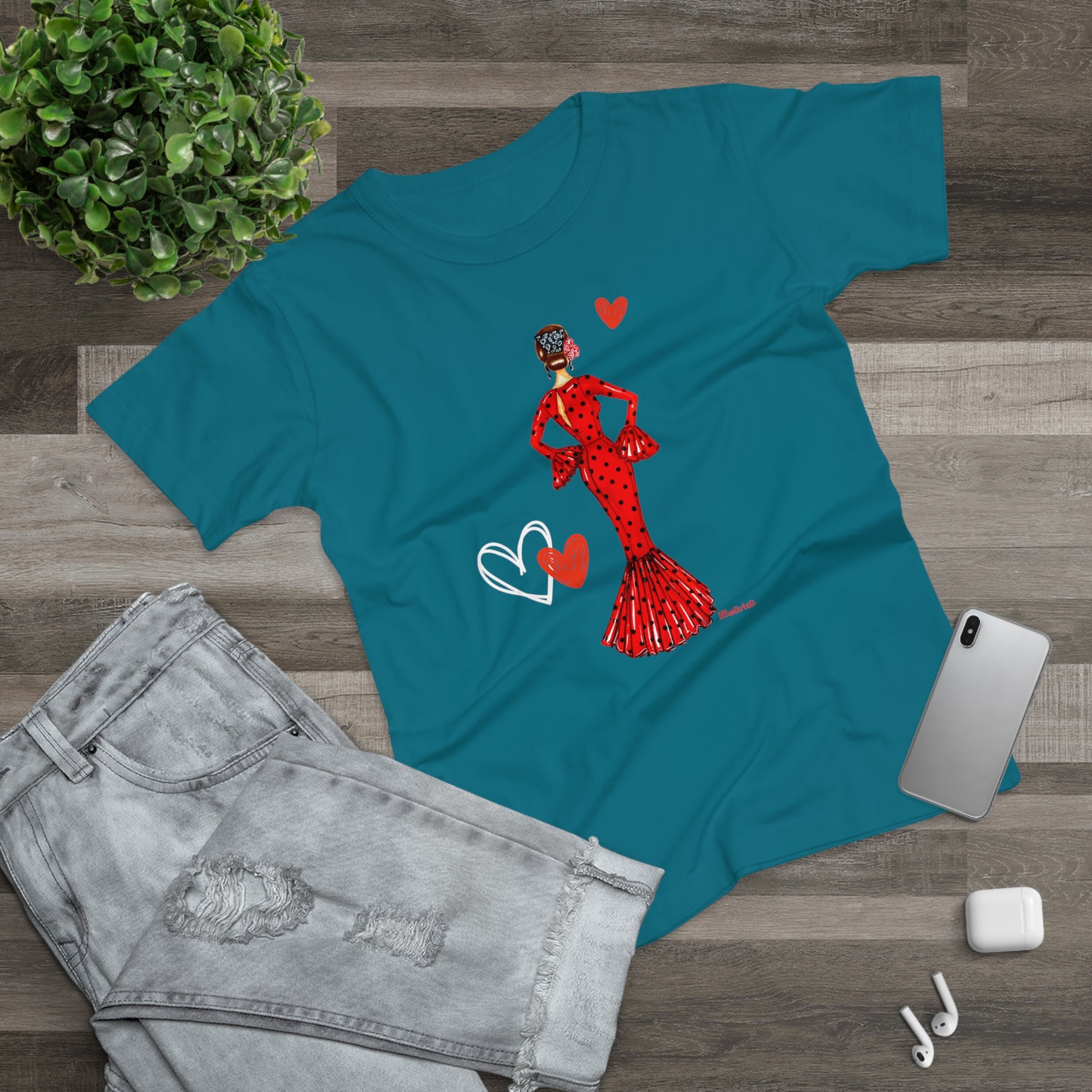 a t - shirt with a picture of a woman in a red dress