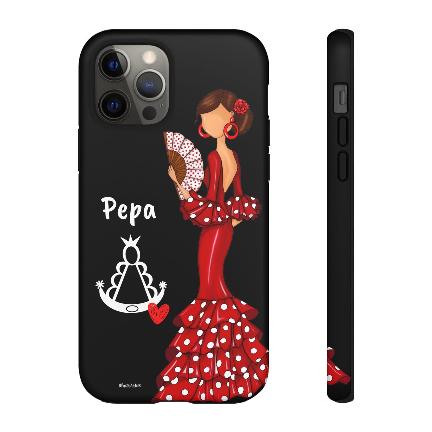 Personalized Pepa phone case on a black background with the Virgin Mary – for iPhone, Samsung, Pixel