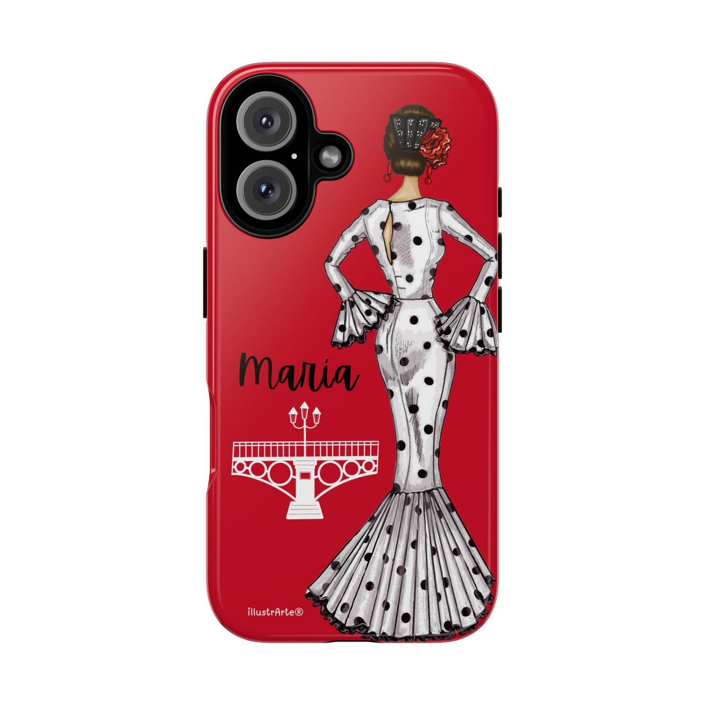 Funda de teléfono con diseño de flamenca María, ideal para quienes buscan un toque personalizado en su iPhone.