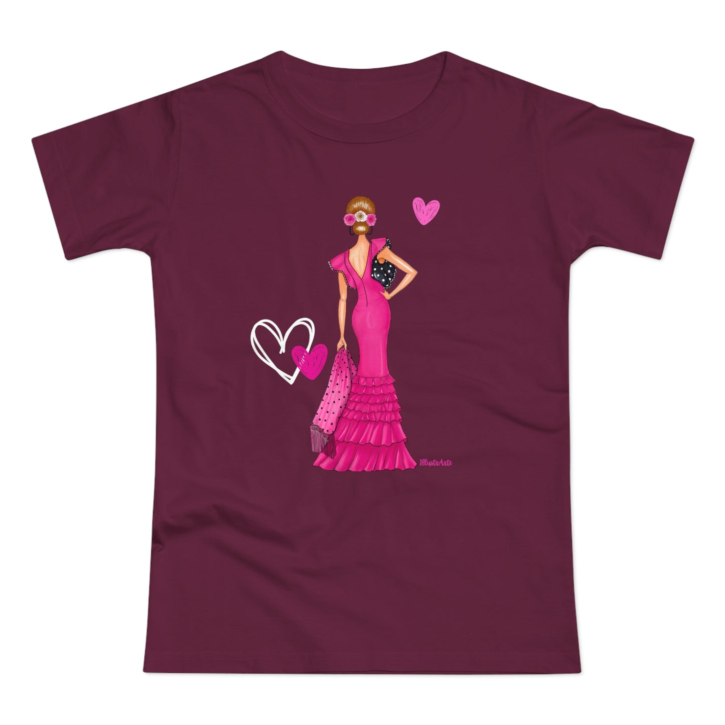 a women's t - shirt with a woman in a pink dress holding a