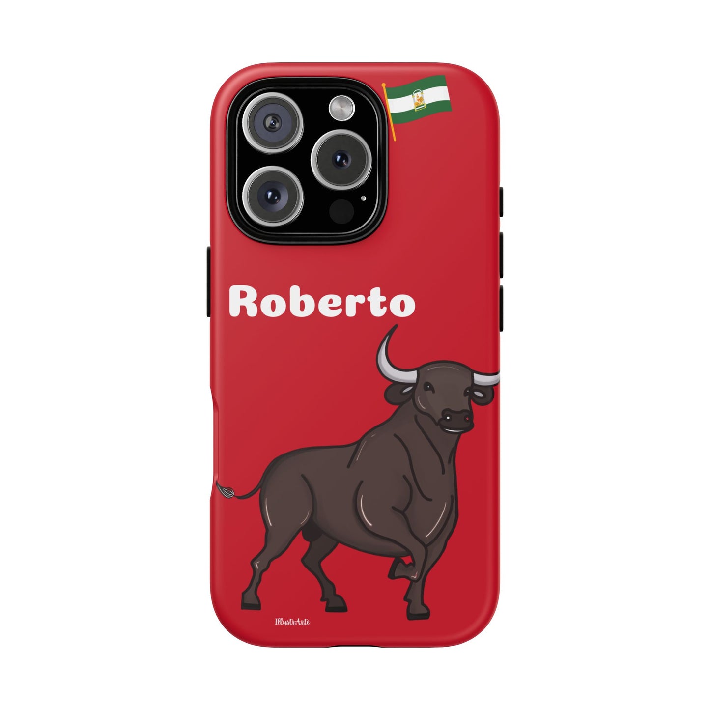 una funda de teléfono roja con un toro en ella