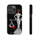 Personalised phone case flamenco dancer María Blanco, with the Virgen del Rocío for iPhone 15 Pro, gloss finish – illustrArte