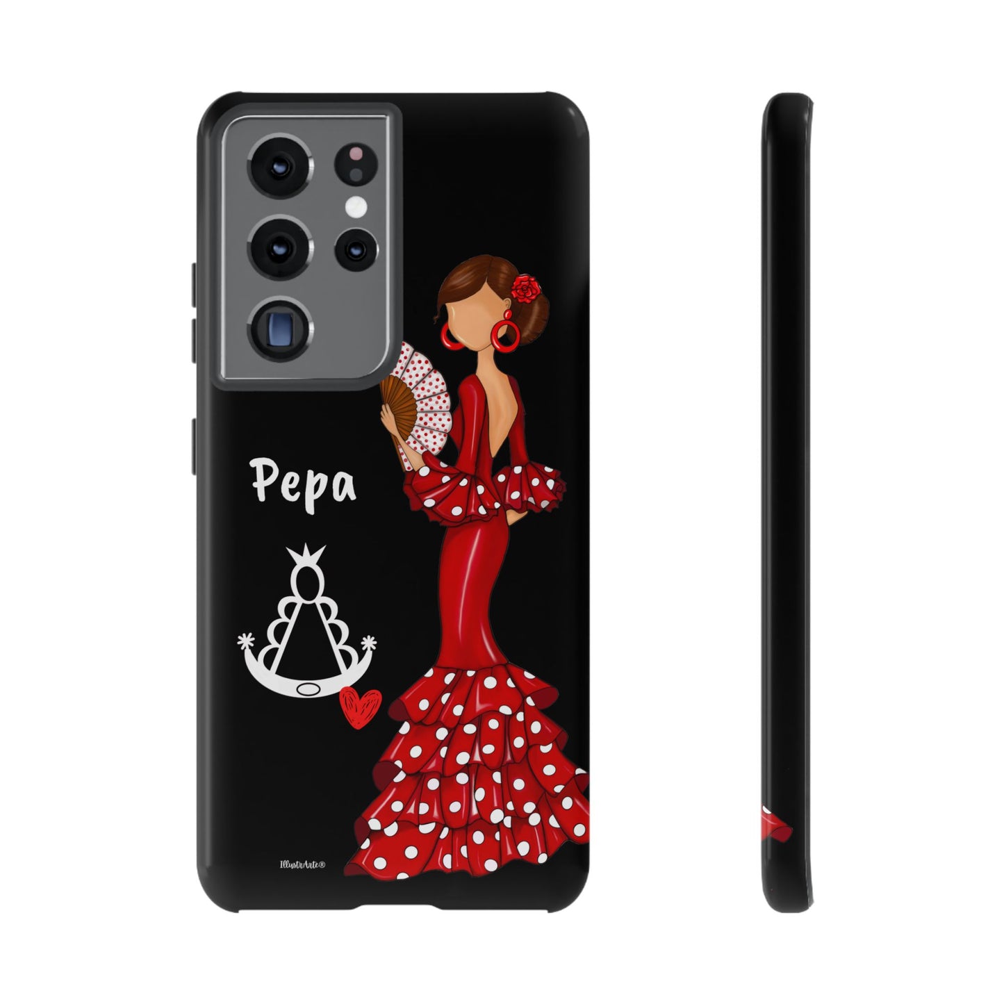 Personalized Pepa phone case on a black background with the Virgin Mary – for iPhone, Samsung, Pixel