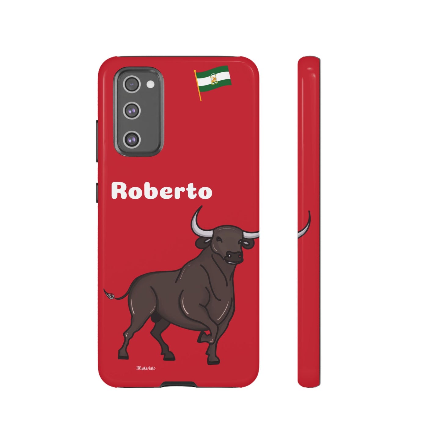 una funda de teléfono roja con un toro en ella