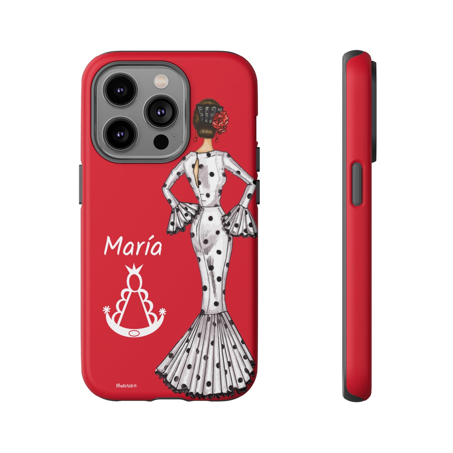 una funda de teléfono roja con una imagen de una mujer