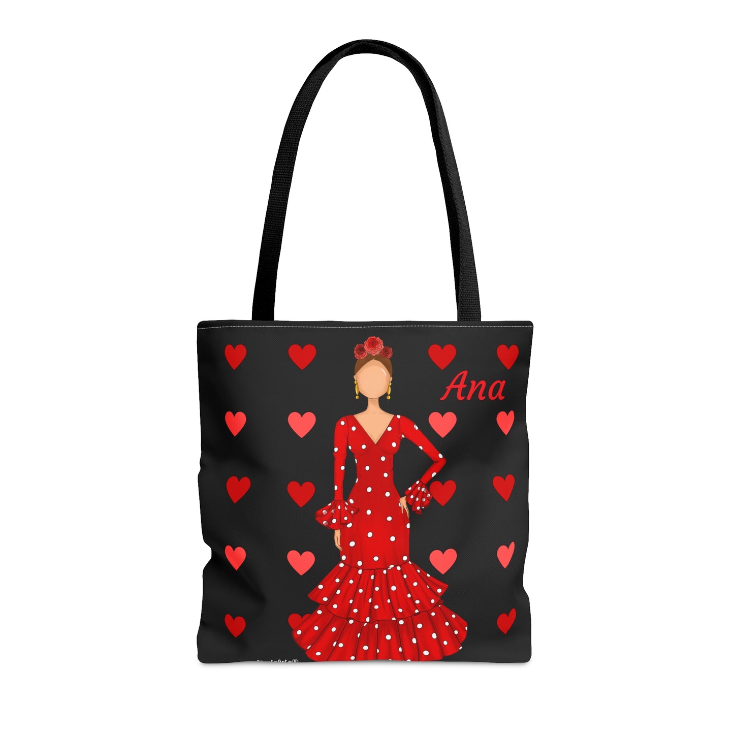 una bolsa de mano roja y negra con una mujer en un vestido rojo y corazones