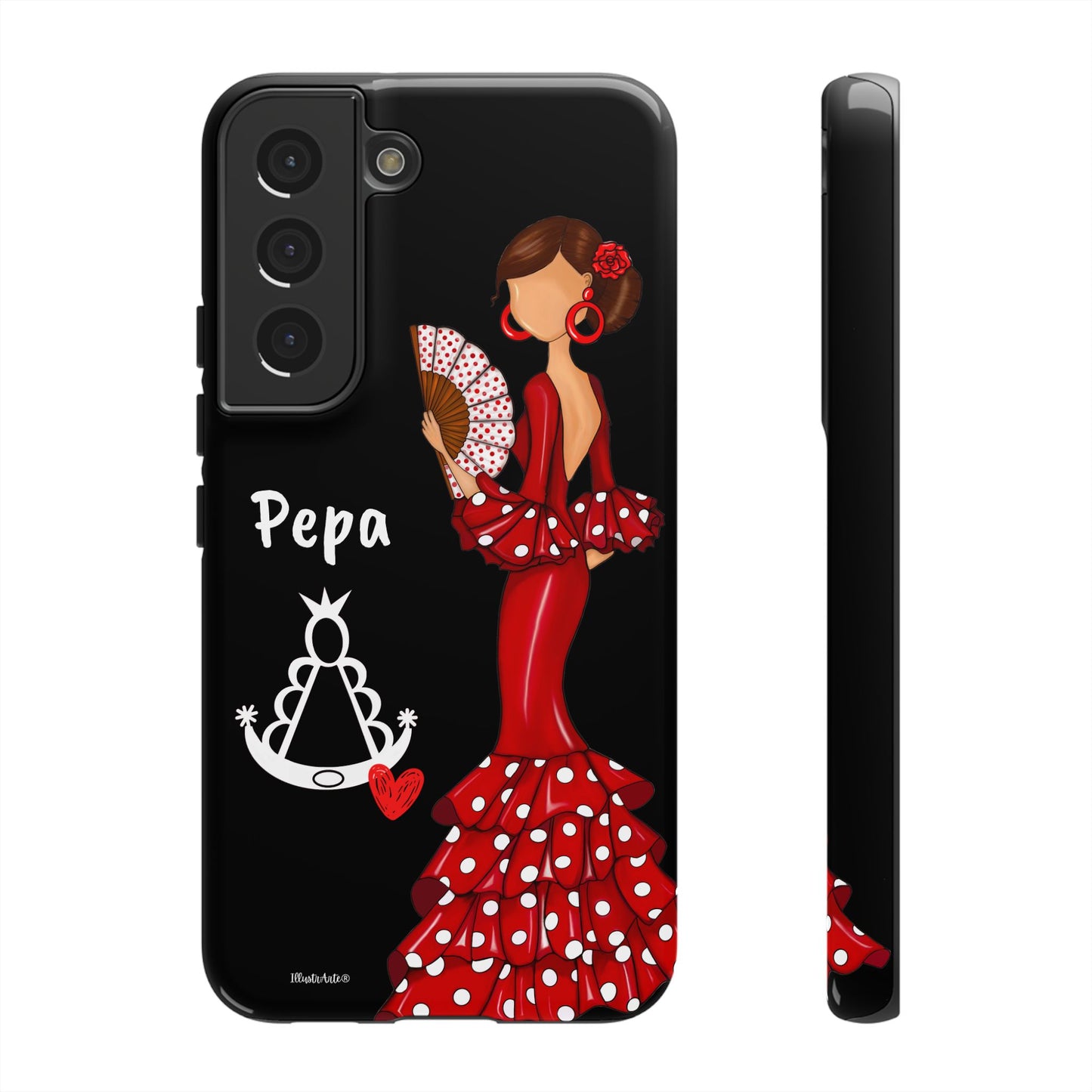 Personalized Pepa phone case on a black background with the Virgin Mary – for iPhone, Samsung, Pixel
