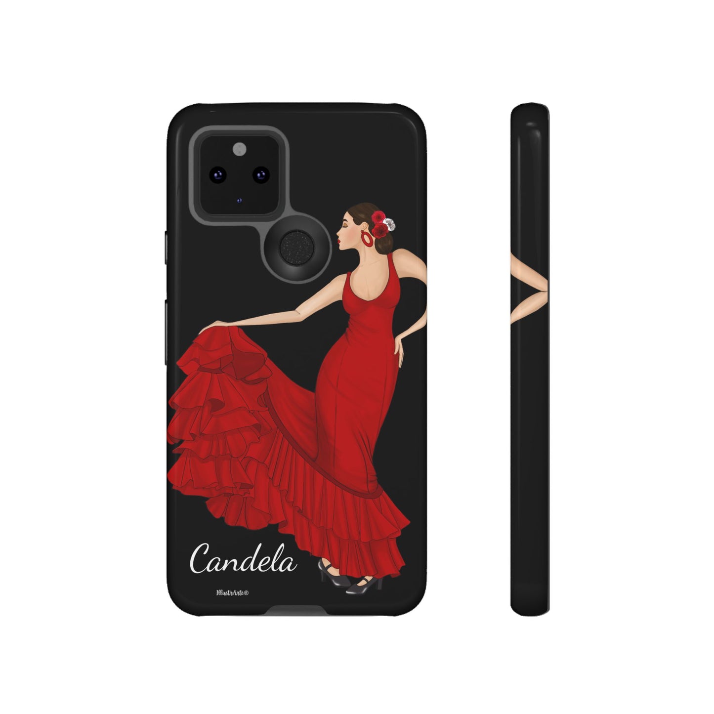 una funda de teléfono con una imagen de una mujer en un vestido rojo