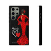 Funda de teléfono personalizable María rojo pelo oscuro fondo negro – para iPhone, Samsung, Pixel