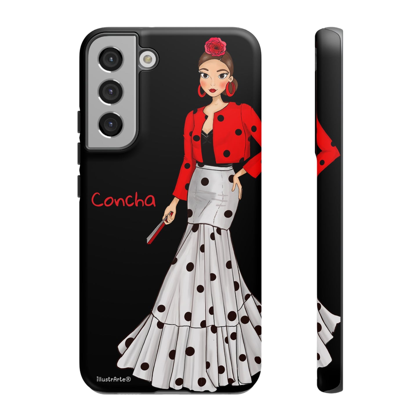 Funda de teléfono Modelo Conchita con fondo negro y adornos únicos.