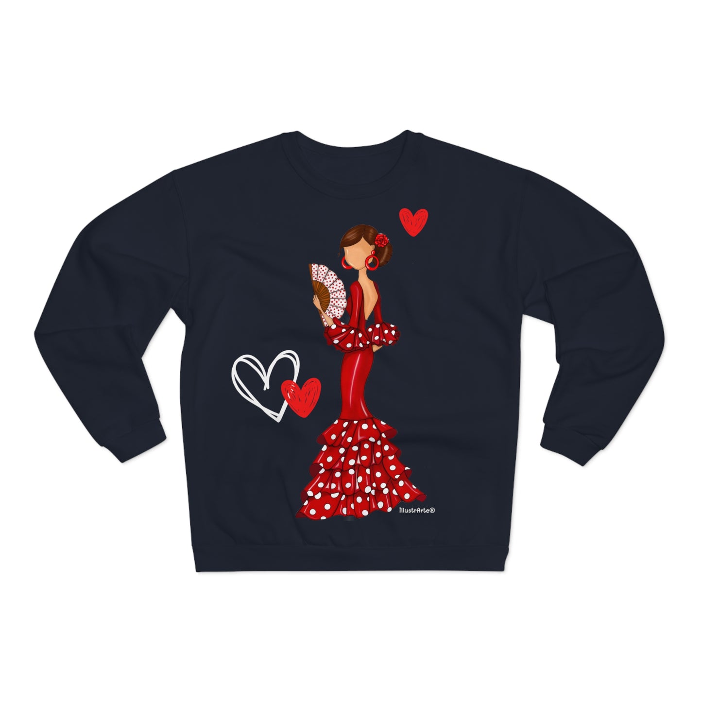 NUEVO  Flamenco lovers white Crewneck Sweatshirt, beautiful flamenco dancer in a pink dress with hearts.