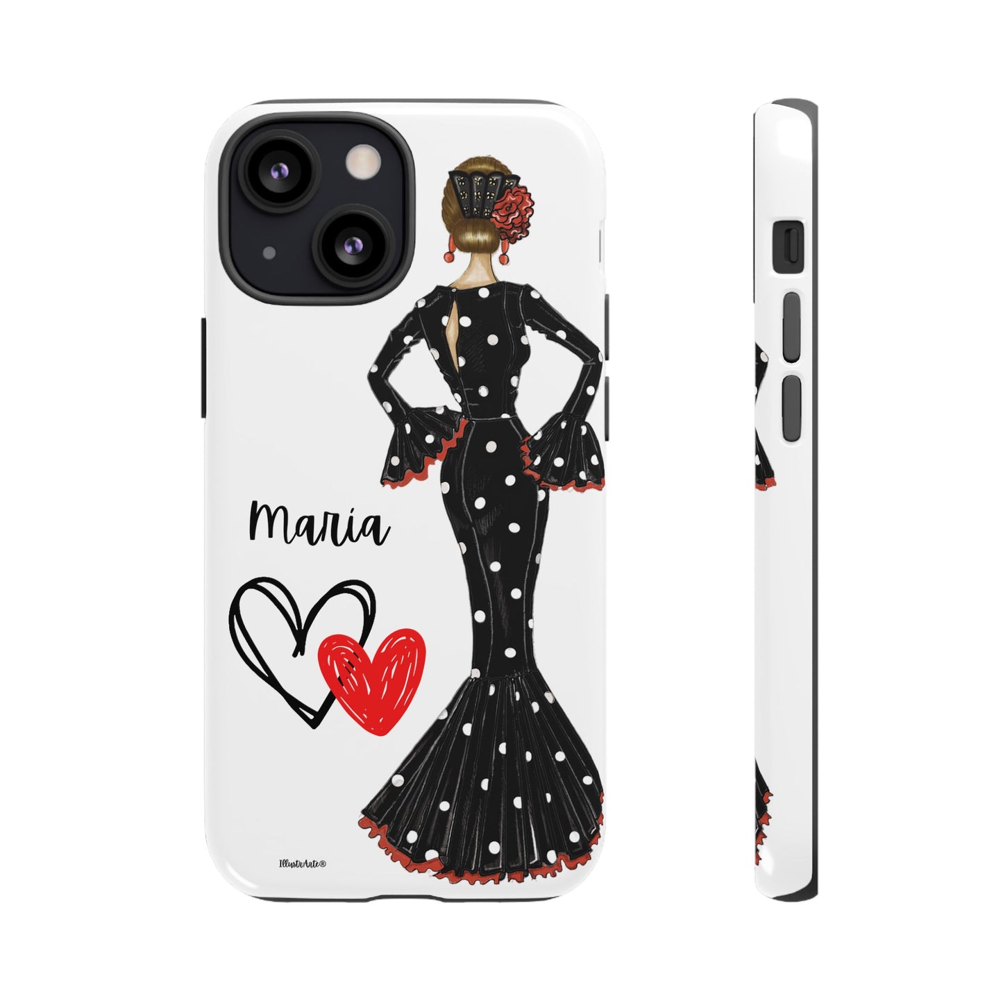 una funda para teléfono con una mujer en un vestido