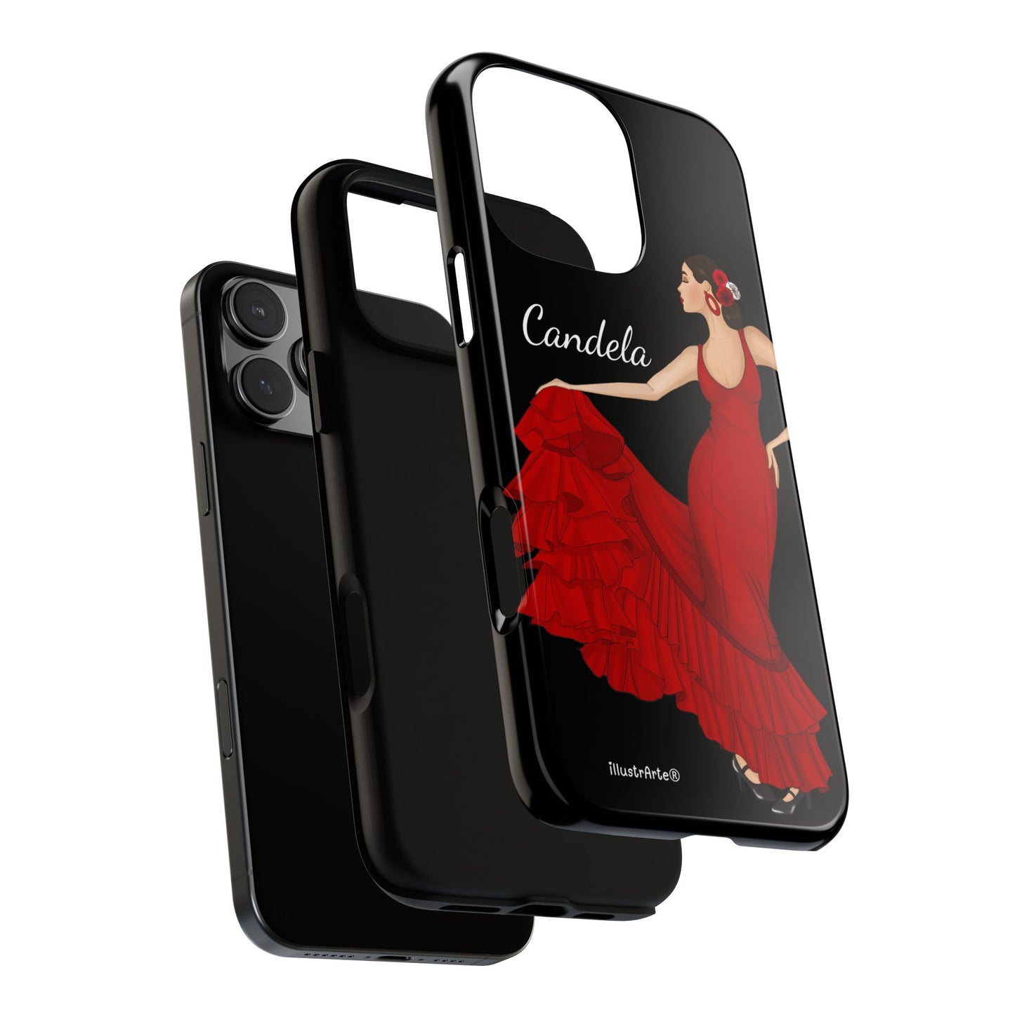 Capa de telefone personalizável. Modelo Candela com fundo preto. Para iPhone, Samsung Galaxy S e Google Pixel. 