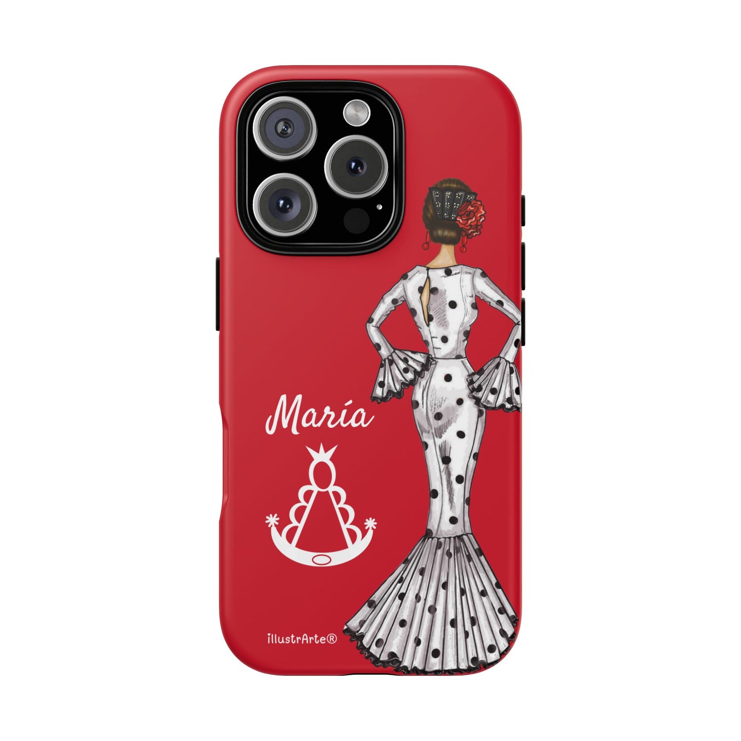 Capa de telefone personalizável com nome/bandeira/Virgem - modelo White Mary com Virgen del Rocío para iPhone, Samsung e Google Pixel