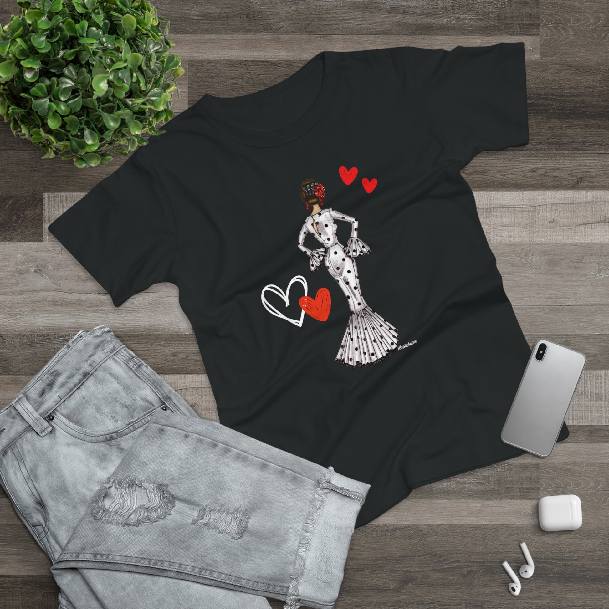 a t - shirt with a picture of a woman with hearts on it