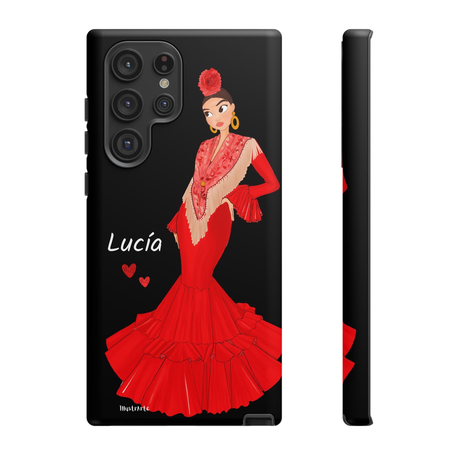 una funda de teléfono con una imagen de una mujer en un vestido rojo