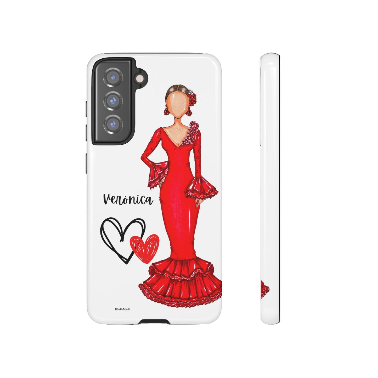 una funda de teléfono con un dibujo de una mujer en un vestido rojo