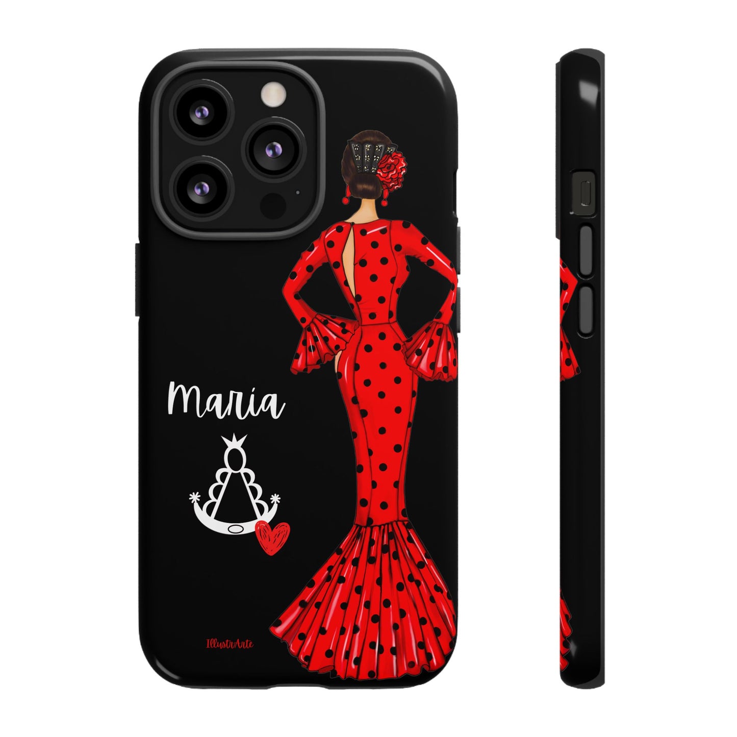 una funda de teléfono con una mujer en un vestido rojo