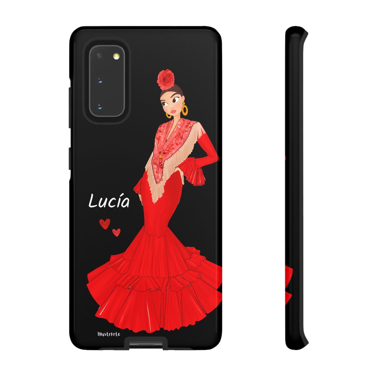 una funda de teléfono con una imagen de una mujer en un vestido rojo