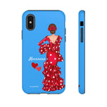 Personalised phone case flamenco dancer Macarena, blue background for iPhone X, gloss finish – illustrArte