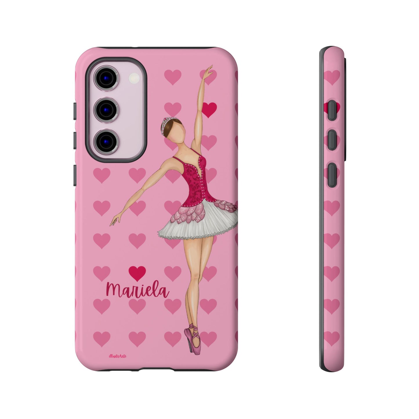 una funda de teléfono rosa con una imagen de una bailarina