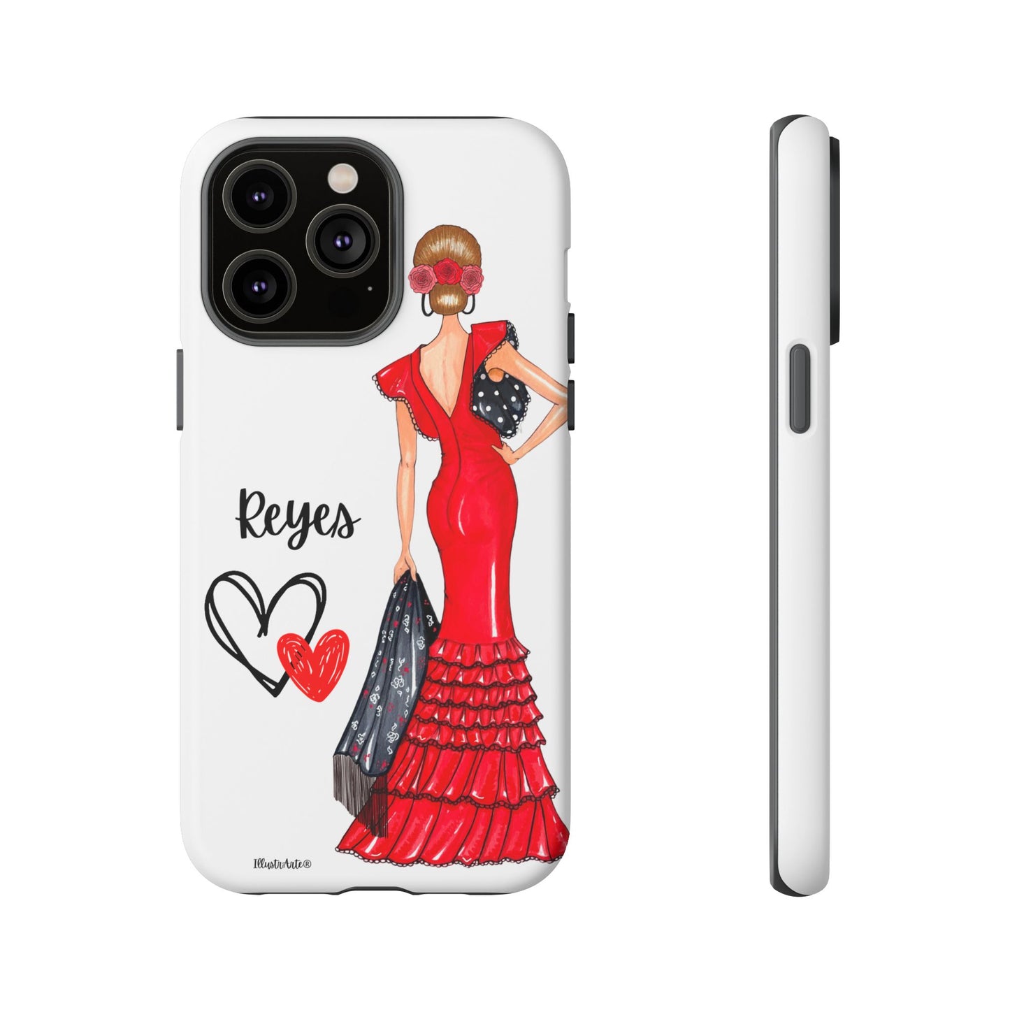 una funda de teléfono con una mujer en un vestido rojo