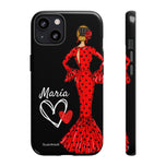 Personalised phone case flamenco dancer María, red dress, black background for iPhone 13, gloss finish – illustrArte