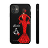 Funda de teléfono personalizable María rojo pelo oscuro fondo negro – para iPhone, Samsung, Pixel