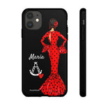 Personalised phone case flamenco dancer María, dark hair, with a little Virgin Mary for iPhone 11, gloss finish – illustrArte