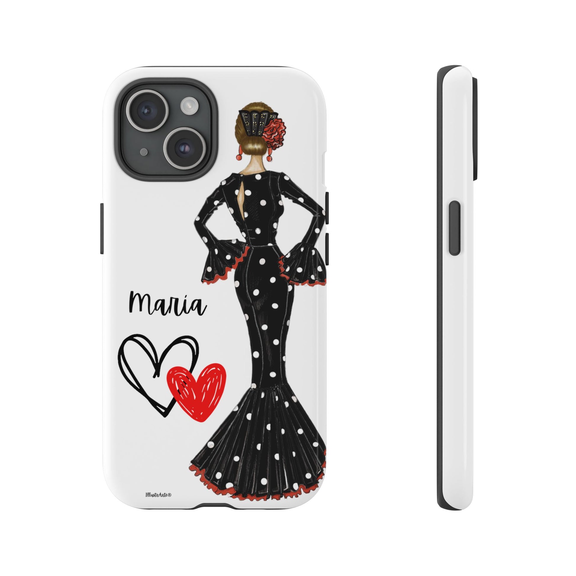 Funda de teléfono personalizable con la imagen de flamenca María, vestida de negro, ideal para un look auténtico.