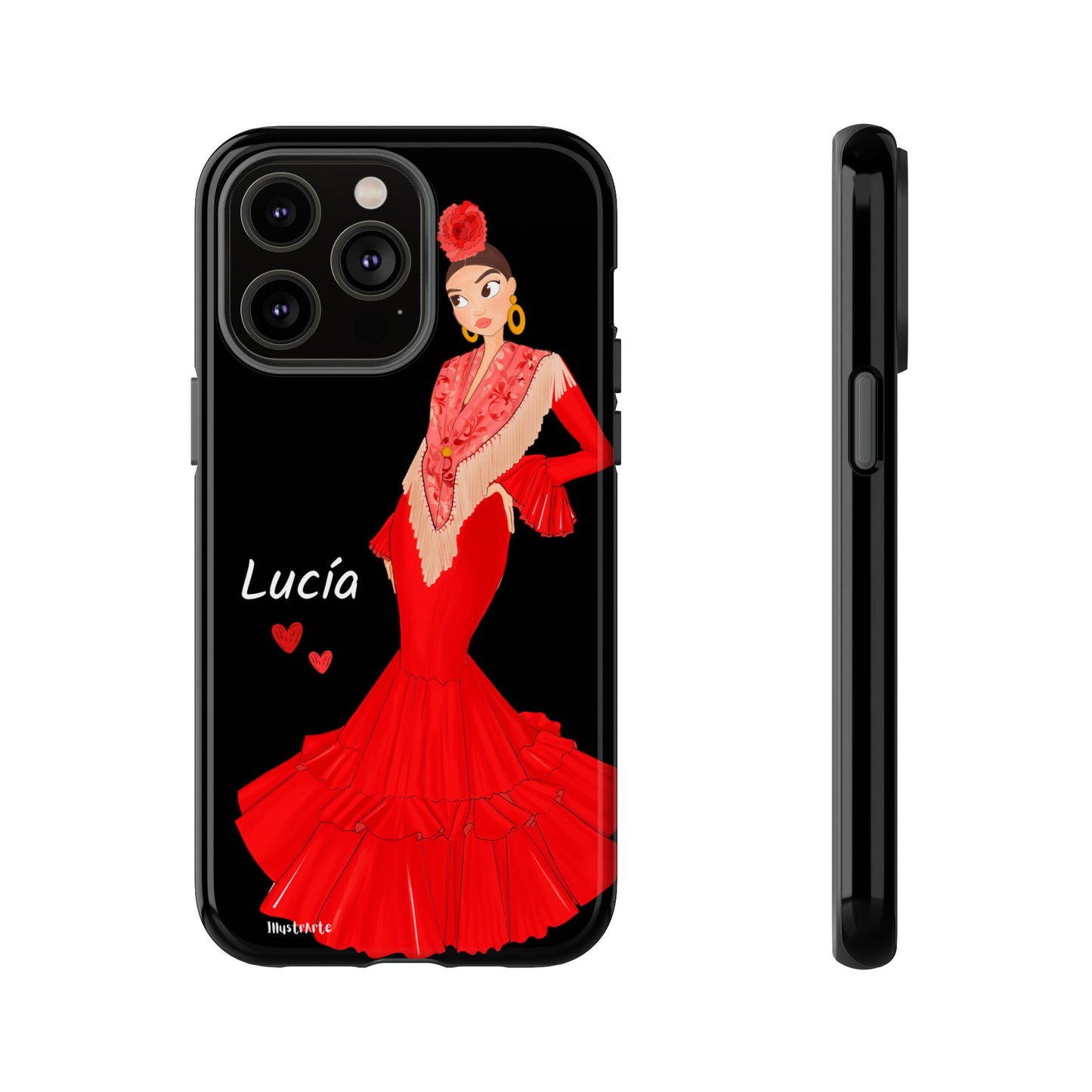 una funda de teléfono con una imagen de una mujer en un vestido rojo